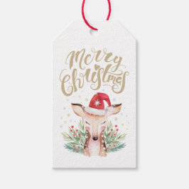 God jul Hjort i Santa Hat Presentetikett
