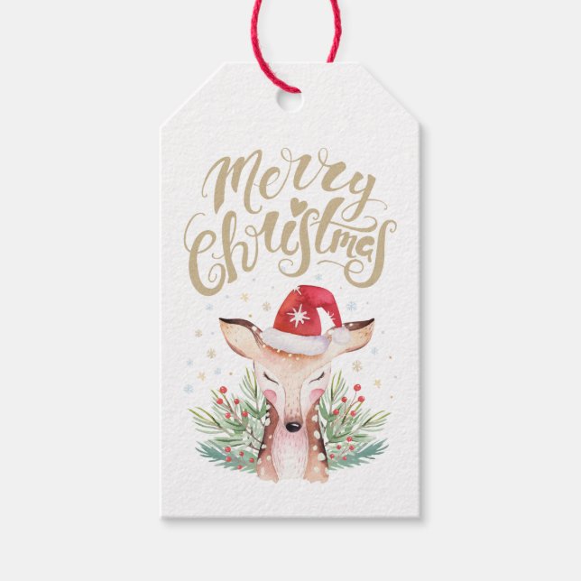 God jul Hjort i Santa Hat Presentetikett (Framsidan)
