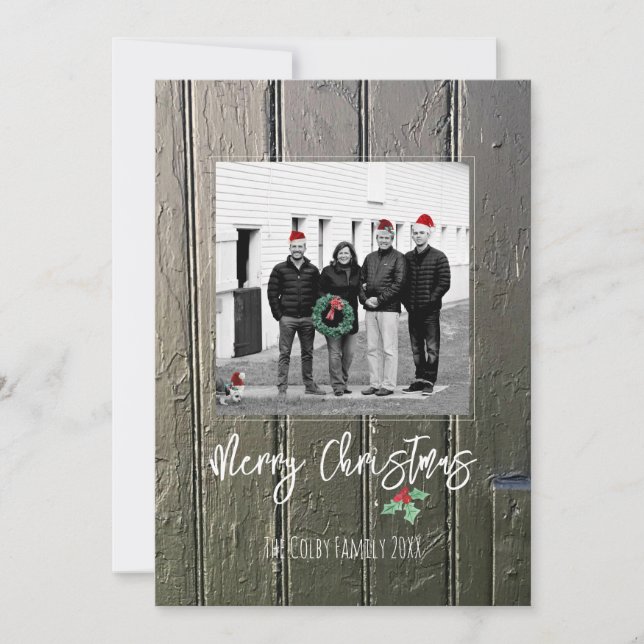 God jul Holly Barn Door Family Photo Namn Julkort (Framsida)
