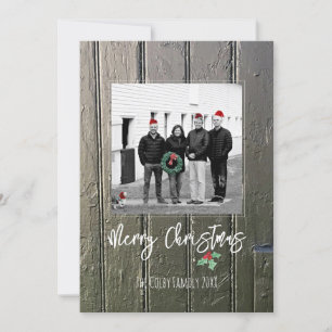 God jul Holly Barn Door Family Photo Namn Julkort