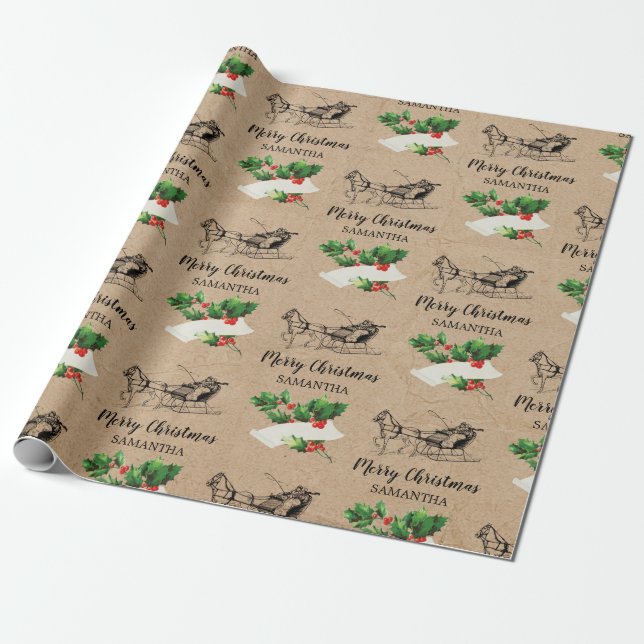 God jul Holly Berries Winter Kraft Brown Presentpapper (Utrullad)