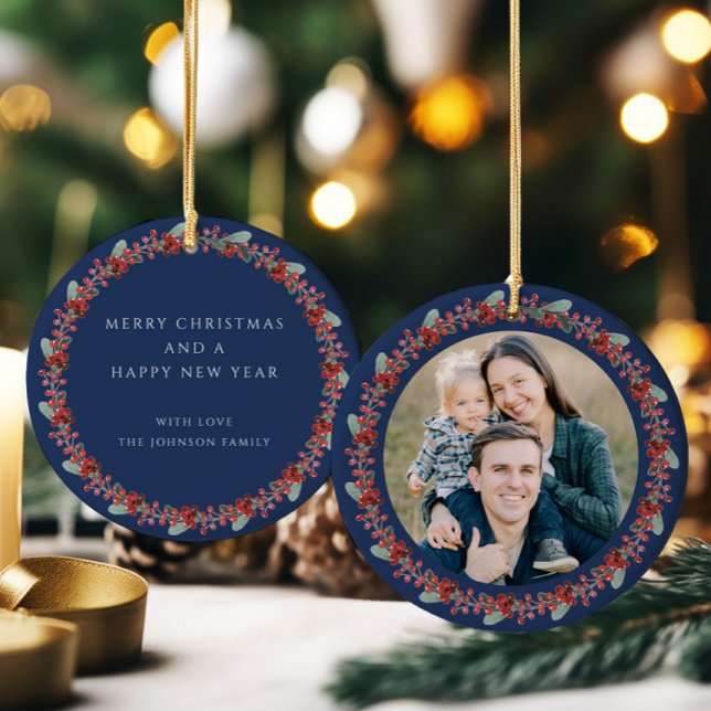 God jul Holly Botanical Photo Julgransprydnad Keramik (Merry Christmas Holly Botanical Photo Ceramic Ornament)