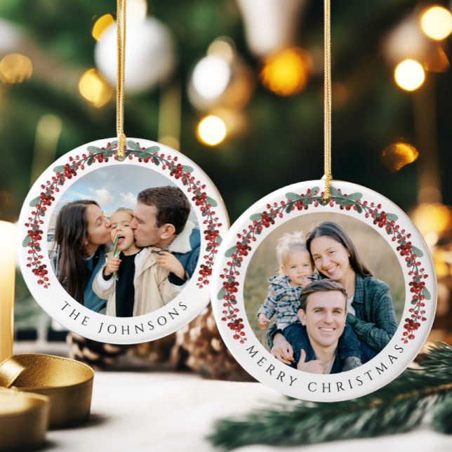 God jul Holly Botanical Photo Julgransprydnad Keramik (Merry Christmas Holly Botanical Photo Ceramic Ornament)
