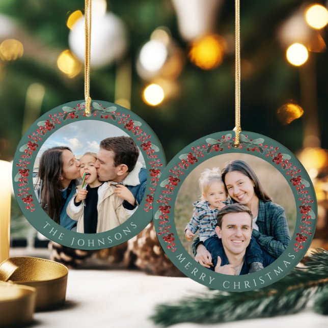 God jul Holly Botanical Photo Julgransprydnad Keramik (Merry Christmas Holly Botanical Photo Ceramic Ornament)
