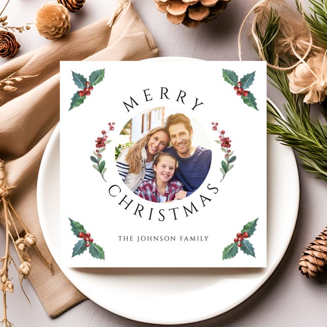 God jul Holly Botanical Photo Julkort (Merry Christmas Holly Botanical Photo Holiday Card)