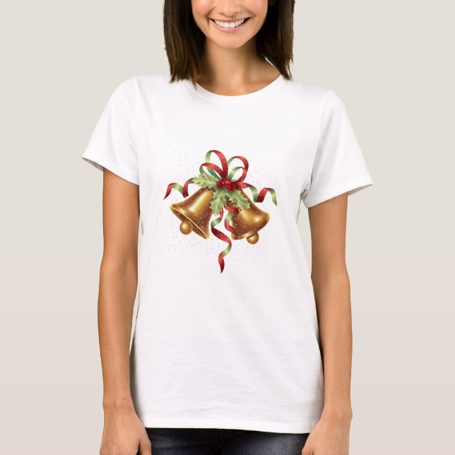 God jul Holly Golden Bell Red Bow T Shirt (Framsida)