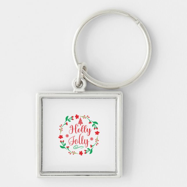 God jul Holly Jolly Fyrkantig Silverfärgad Nyckelring (Framsidan)