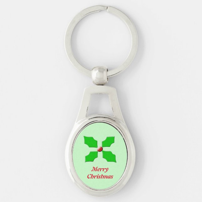 God jul Holly Keychain Ovalt Silverfärgad Nyckelring (Framsidan)