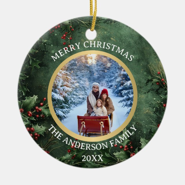 God jul Holly och Berries Family Ceramic Julgransprydnad Keramik (Framsidan)