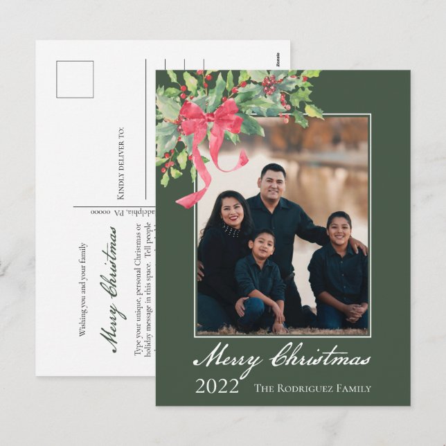 God jul Holly och Berry Greenery Photo Hol Helg Vykort (Fram/baksida)