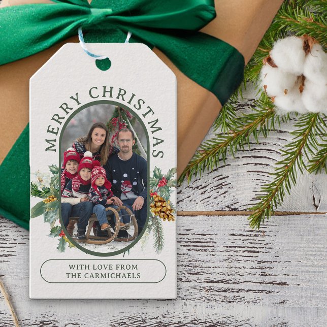 God jul Holly och Gräs Family Photo Presentetikett (Family Photo Christmas Gift tags from Rounded Lozenge Photo Collage collection)
