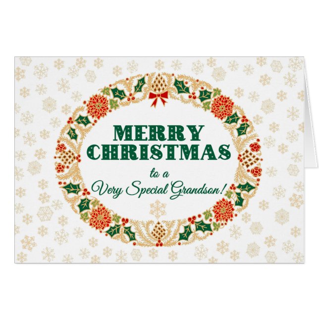 God Jul Holly Wandeans, för Grandson Snöflingor Hälsningskort (Framsidan Horizontal)