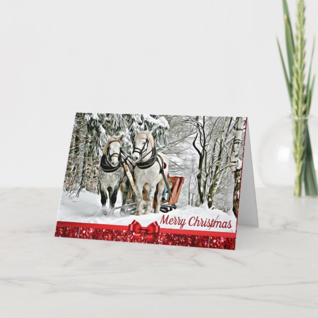 God jul Horses Pulling Sleigh Card Helgkort (Framsida)