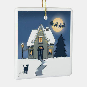 God jul House med Cat och Santa Julgransprydnad Keramik