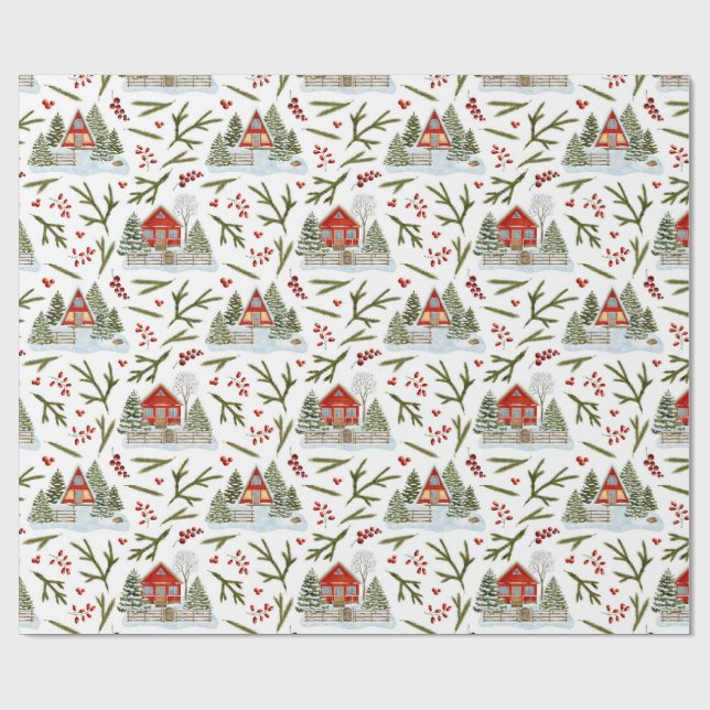 God jul House Watercolor Mönster Presentpapper (Platt)