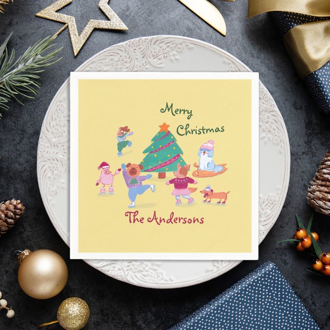 God jul Hund Ice Sking Namn Pastel Gult Pappersservett (Skapare uppladdad)