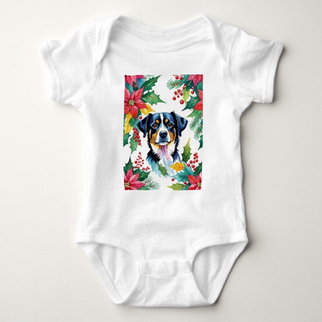 God Jul-Hund med Poinsettias T Shirt (Framsida)