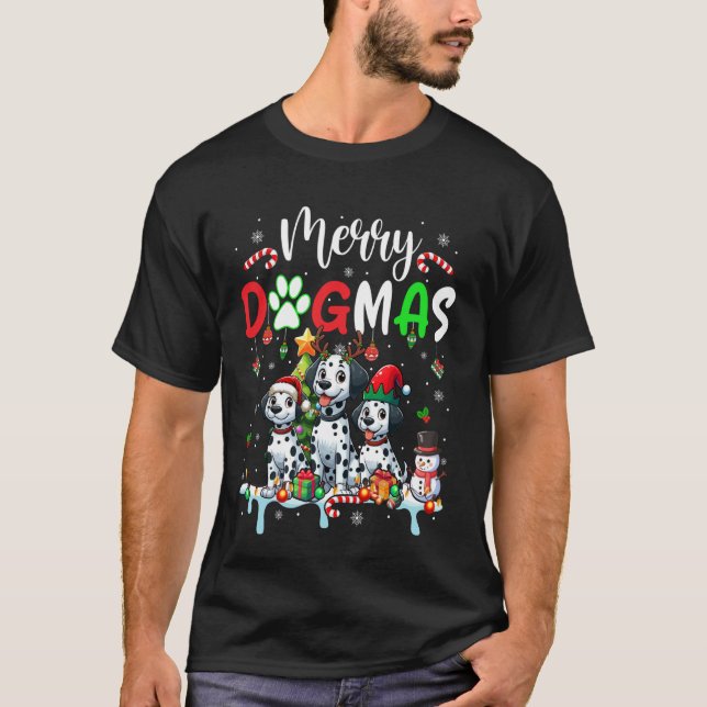 God jul Hund Three Santa Reindeer Elf Dalma T Shirt (Framsida)