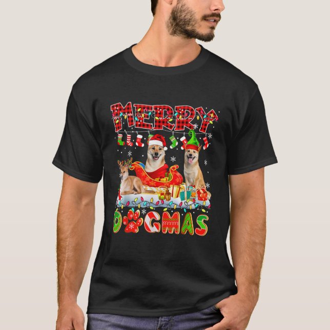God jul Hund Three Santa Reindeer Elf Shiba Inus T Shirt (Framsida)