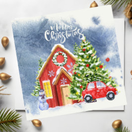 God jul hus med träd och den röda bilen snö julkort