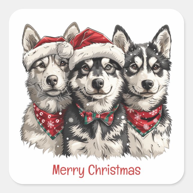 God jul Husky Hundar Fyrkantigt Klistermärke (Framsida)