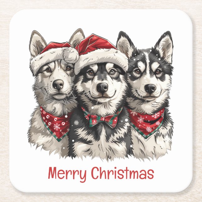 God Jul Huskyhundar Underlägg Papper Kvadrat (Framsidan)