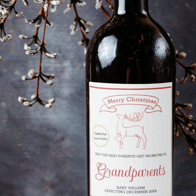 God jul i Baby, meddelande om farföräldrar som har Vinflaska Etikett (Christmas Baby Announcement Grandparent Crafted By Wine Label, pregnancy announcement)
