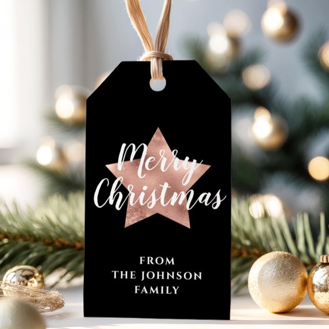God jul i den moderna svarta Ro-stjärnan Guld Presentetikett (Modern Black Rose Gold Star Christmas Gift Tags)
