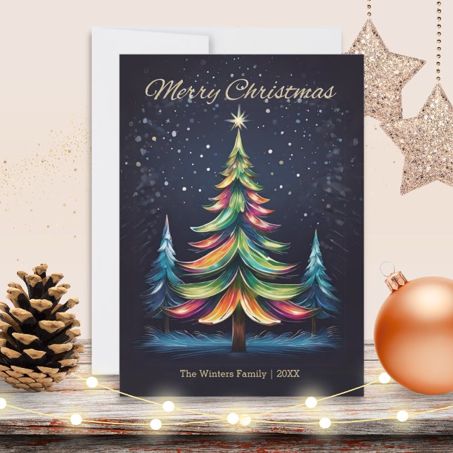 God jul i den moderna vintern Träd Snö Julkort (A stylish Christmas card with picture of a colorful Christmas tree on a winter night with snow)