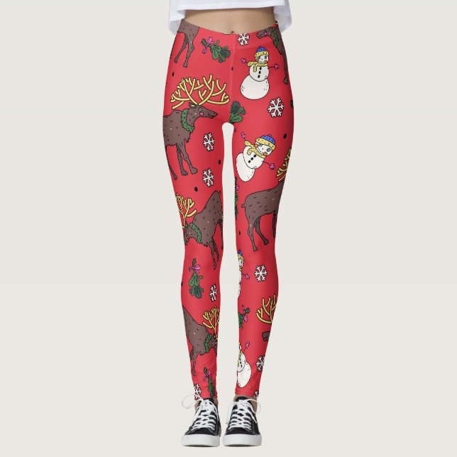God jul i Hjort: Snögubbe Mönster Leggings (Framsida)