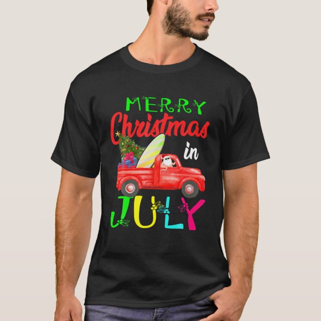 God jul i juli: Santa Driving Lastbil Surfin T Shirt (Framsida)