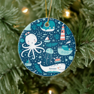 God jul i marinblått och vitt marint havsområde julgransprydnad keramik