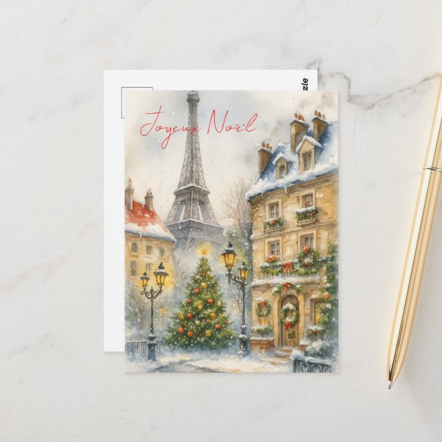 God jul i Paris Akvarell Eiffeltornet  Vykort (Fram/Back In Situ)