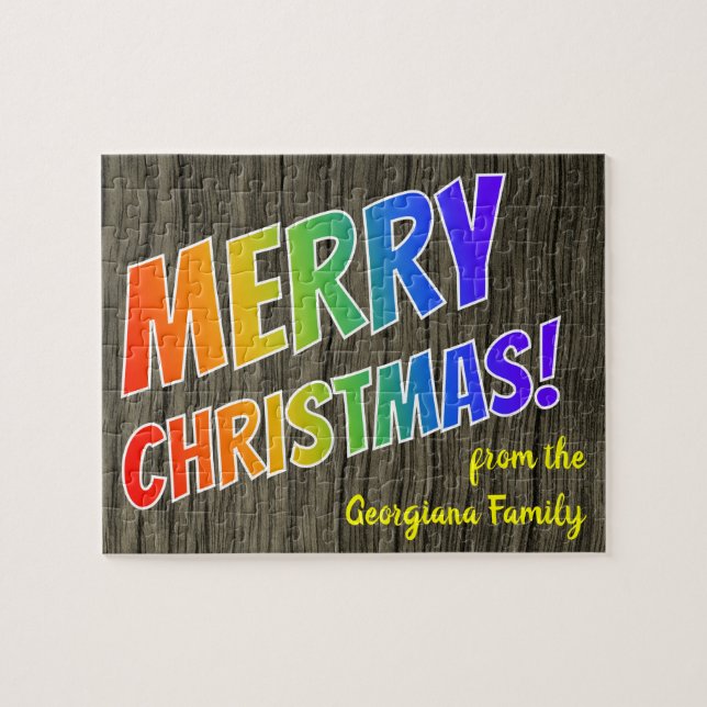 "GOD JUL!" i Rainbow Text, Faux Wood look Pussel (Horisontell)