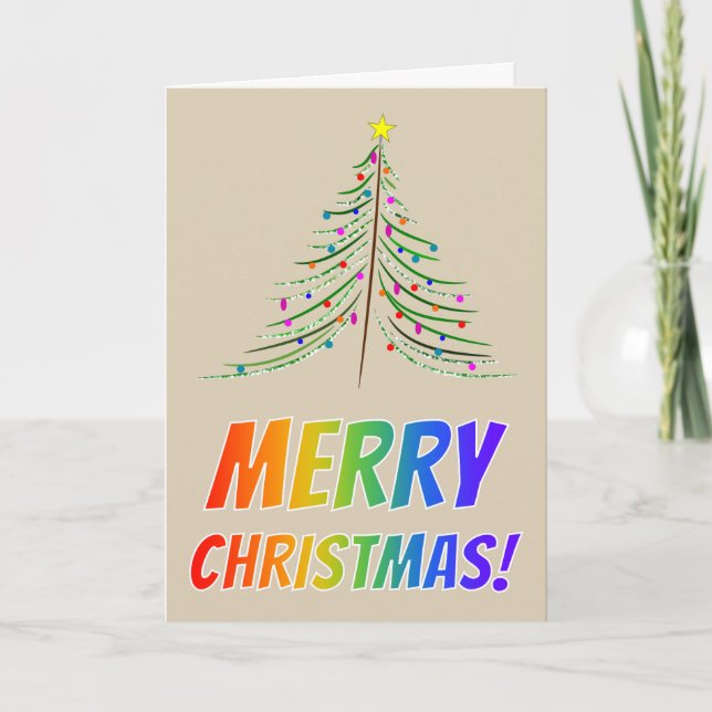 "GOD JUL!" i Regnbågstext + konstnärligt Träd! Helgkort (Framsida)