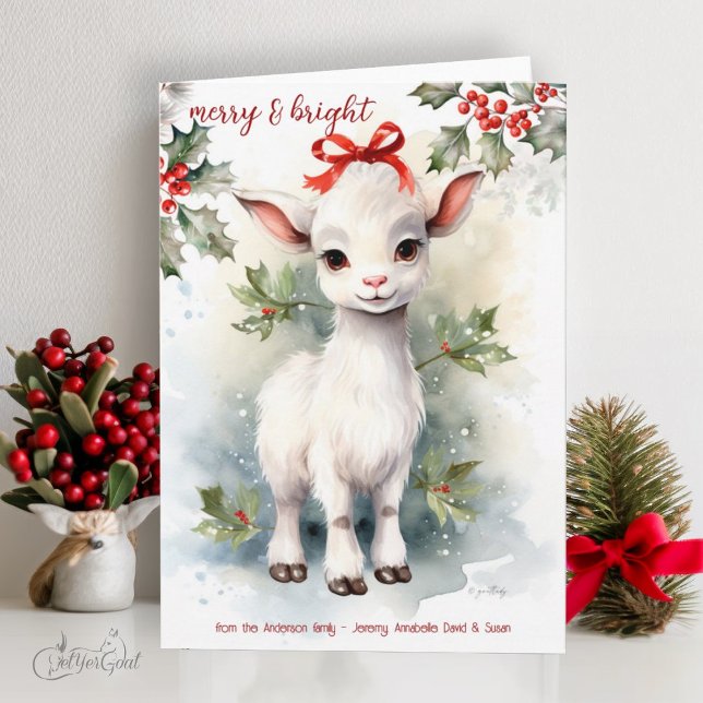 God jul i vattendfärg, Baby Merry och Bright Kort (goat lover's Christmas Cards - baby goats in watercolor - 8th in a series of 8  #zazzlemade)