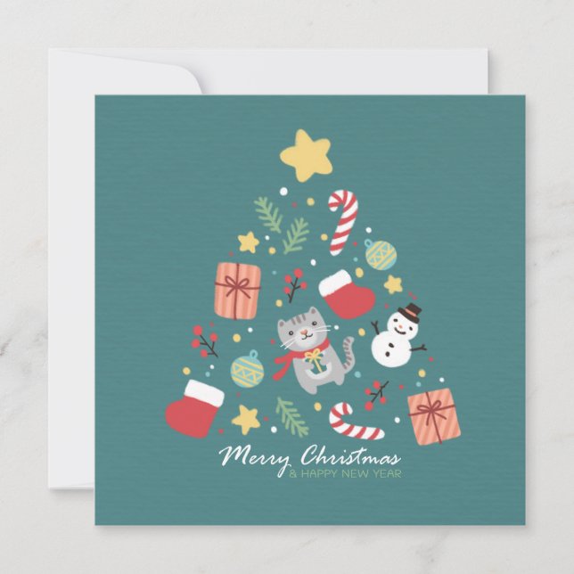God jul: Illustration av katt och Träd Kort (Framsida)