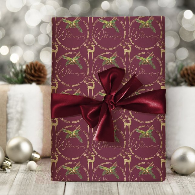 God jul Inslagning av renar för Papper Elegant Presentpapper (elegant burgundy red and gold Christmas wrapping paper with personalized name or text)