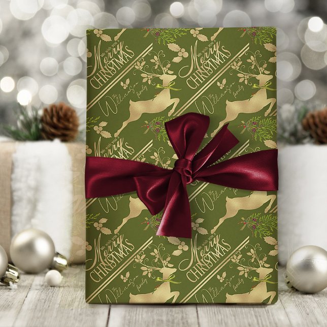 God jul Inslagning av renar för Papper Elegant Presentpapper (elegant green and gold Christmas wrapping paper with personalized name or text)