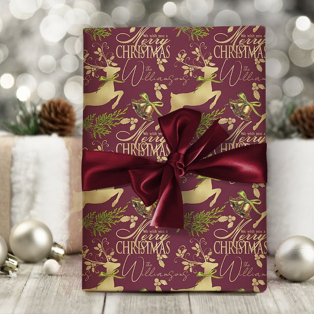 God jul Inslagning av renar för Papper Elegant Presentpapper (elegant burgundy red and gold Christmas wrapping paper with personalized name or text)