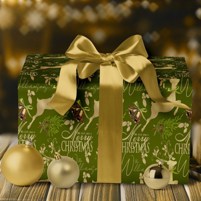 God jul Inslagning av renar för Papper Elegant Presentpapper (elegant white and gold holiday reindeer with personalized name Christmas Wrapping Paper)