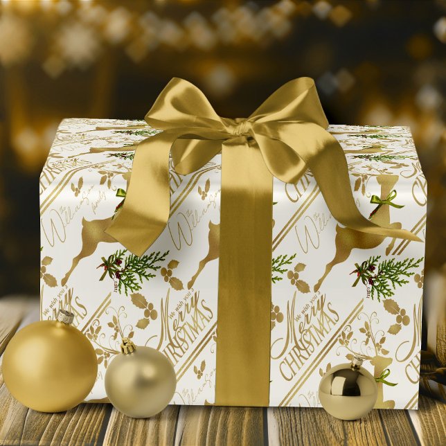 God jul Inslagning av renar för Papper Elegant Presentpapper (elegant white and gold holiday reindeer with personalized name Christmas Wrapping Paper)