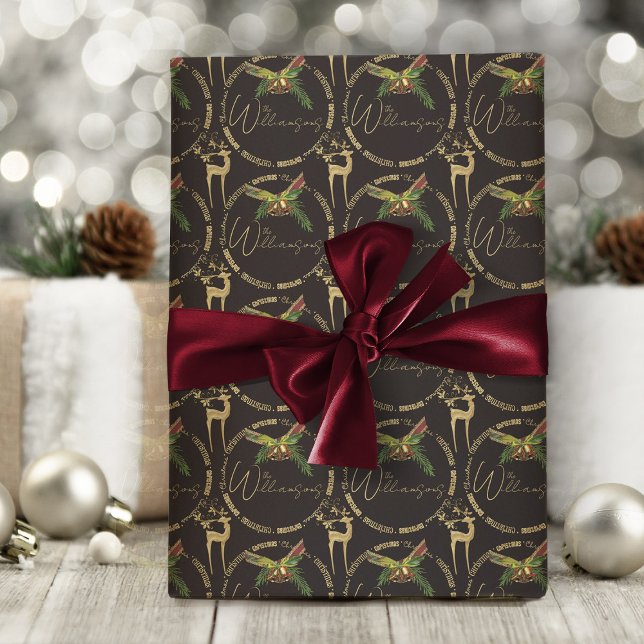 God jul Inslagning av renar för Papper Elegant Presentpapper (elegant black and gold Christmas wrapping paper with personalized name or text)