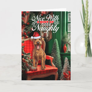 God Jul Irish Terrier Hund Naughty eller Nice Helgkort