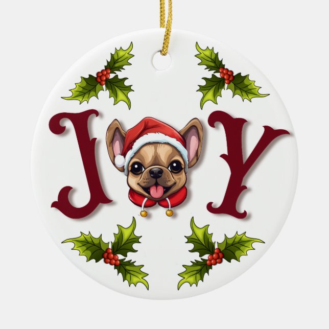 God jul Joy Cute Fransk Bulldog holly Julgransprydnad Keramik (Framsidan)