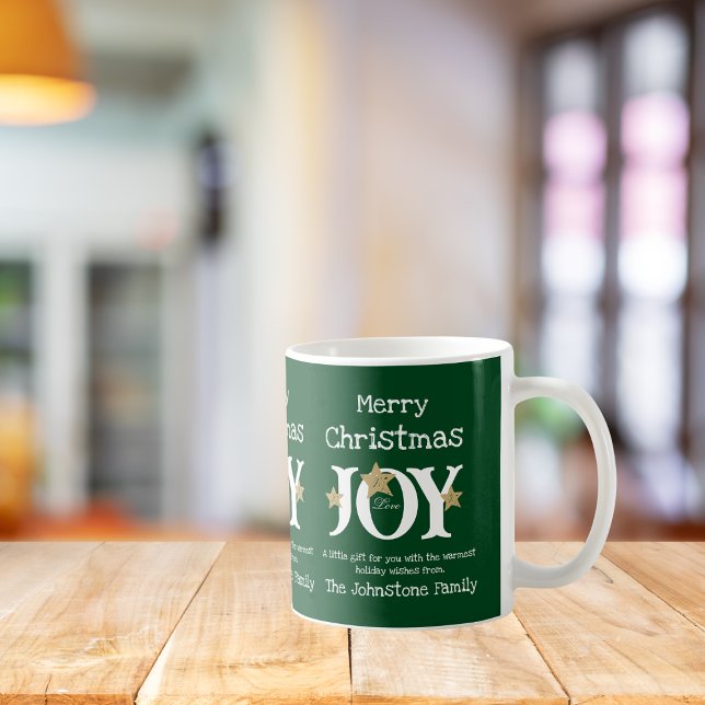 God jul Joy, "En gåva åt dig", rustik Chic Kaffemugg (Holiday festivities will surely be enhanced with one or more of these groovy green mugs.)