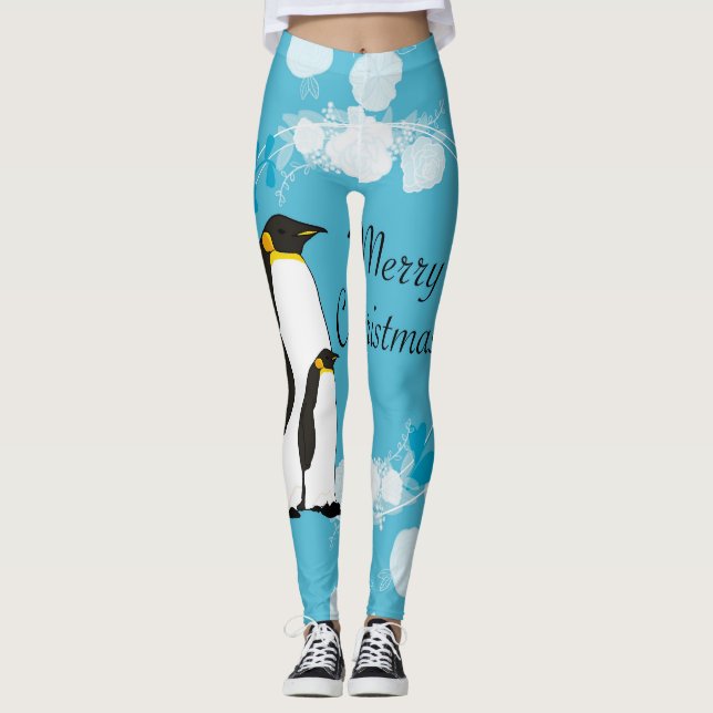 god jul, jul,pingvin,blommor,blå, leggings (Framsida)