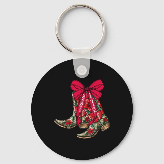 God jul Julafton Cowboy Boots Coquette Bow Paj Nyckelring (Framsida)