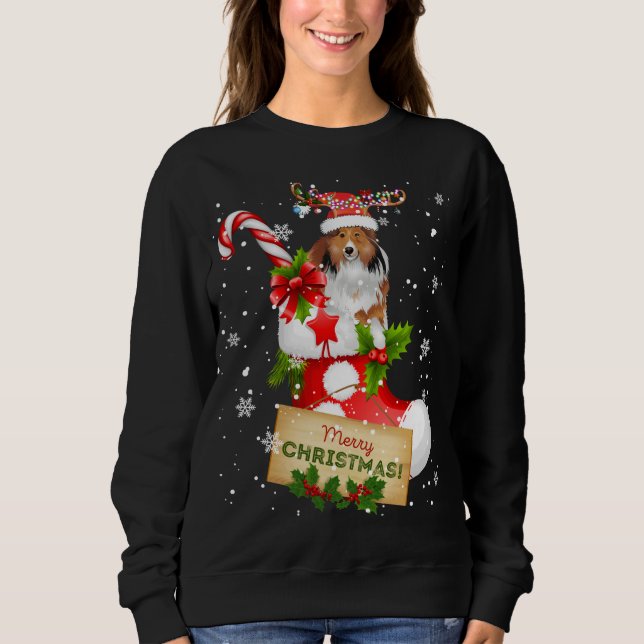 God jul Julafton Ljus Santa Reindeer Sheltie T Shirt (Framsida)