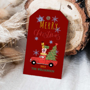 God Jul Julgran på röd bil lastbil Presentetikett